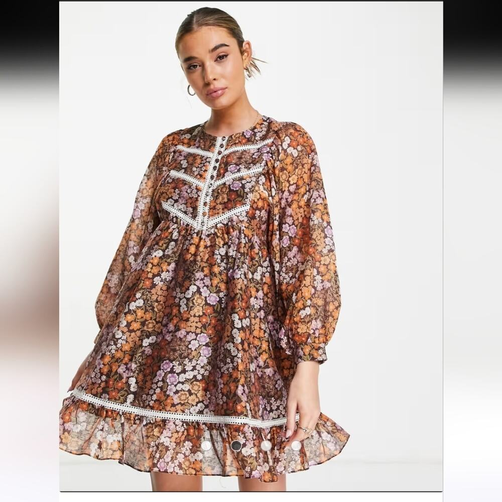 Ever New Orange Purple Floral Boho Prairie Dress with Lace Trim Size 16 NWT